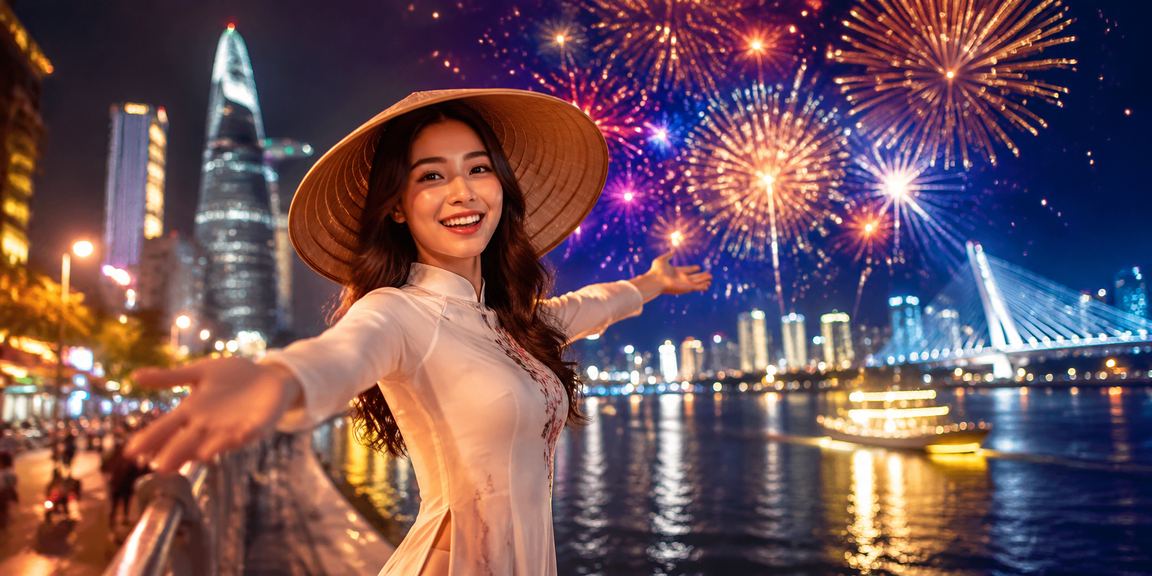Không gian giải trí kỹ thuật số tại Hồ Chí Minh với người dùng đội nón lá truyền thống